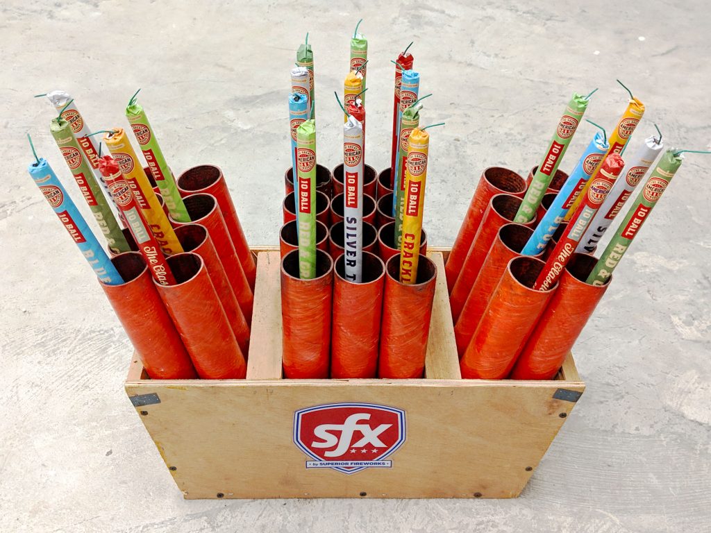 Roman Candles in a 28-Shot Mortar Rack